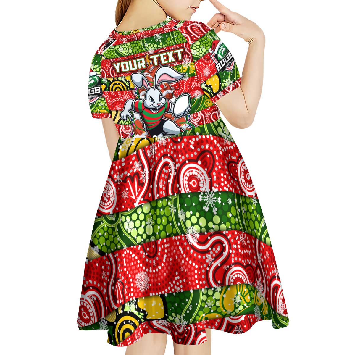 Custom Rabbitohs Rugby Merry Christmas Kid Short Sleeve Dress Indigenous Australian Art