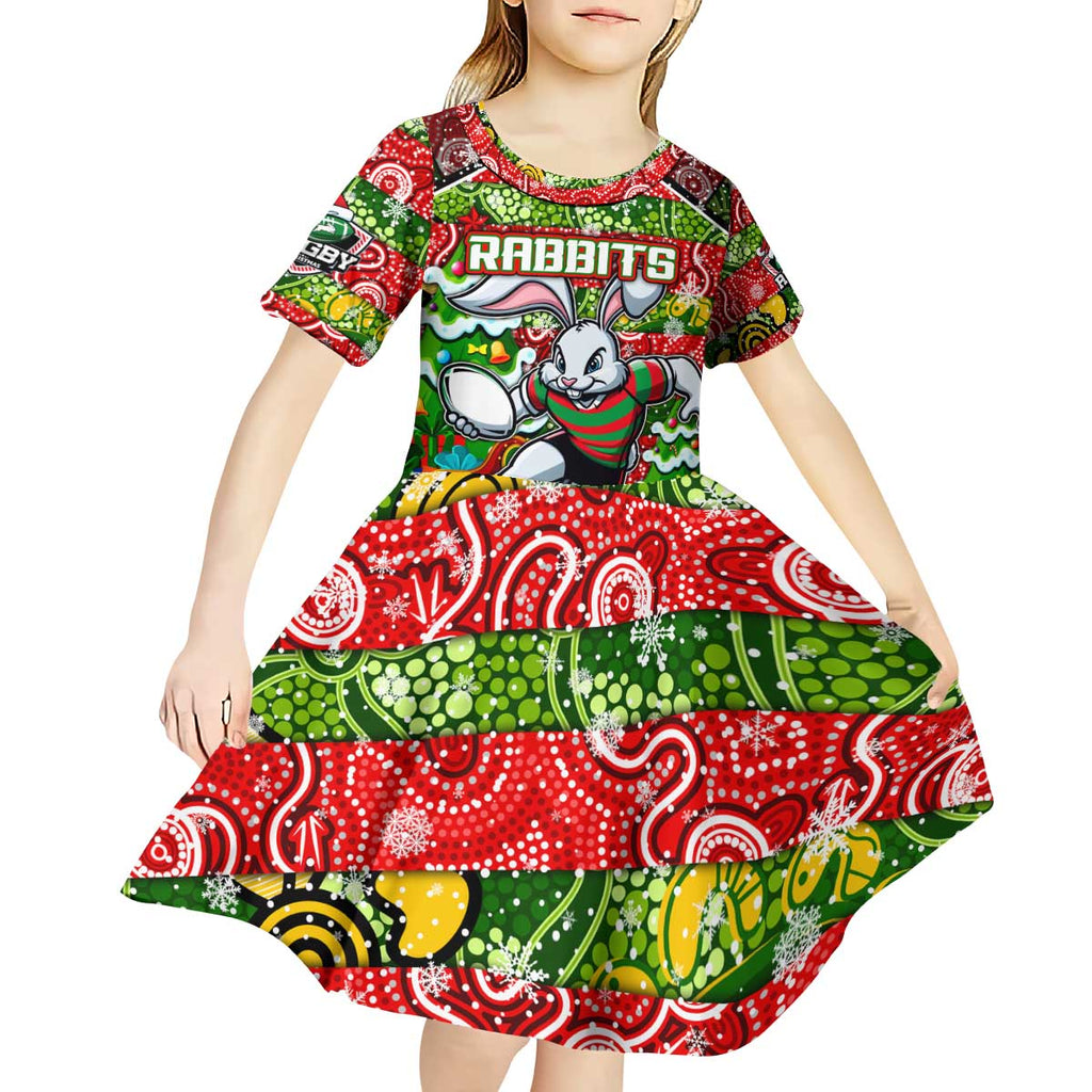 Custom Rabbitohs Rugby Merry Christmas Kid Short Sleeve Dress Indigenous Australian Art