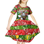 Custom Rabbitohs Rugby Merry Christmas Kid Short Sleeve Dress Indigenous Australian Art