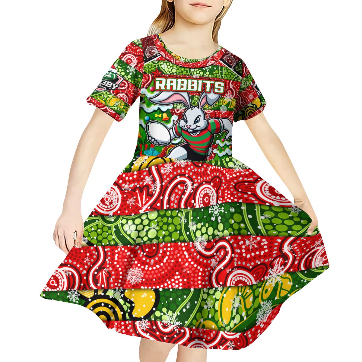 Custom Rabbitohs Rugby Merry Christmas Kid Short Sleeve Dress Indigenous Australian Art