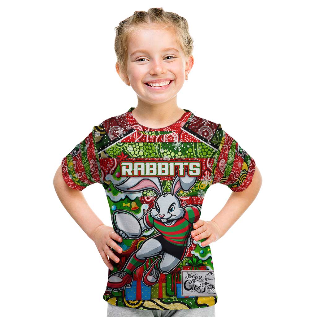 Custom Rabbitohs Rugby Merry Christmas Kid T Shirt Indigenous Australian Art