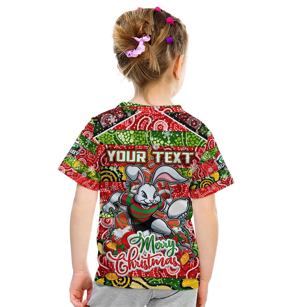 Custom Rabbitohs Rugby Merry Christmas Kid T Shirt Indigenous Australian Art