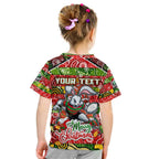 Custom Rabbitohs Rugby Merry Christmas Kid T Shirt Indigenous Australian Art