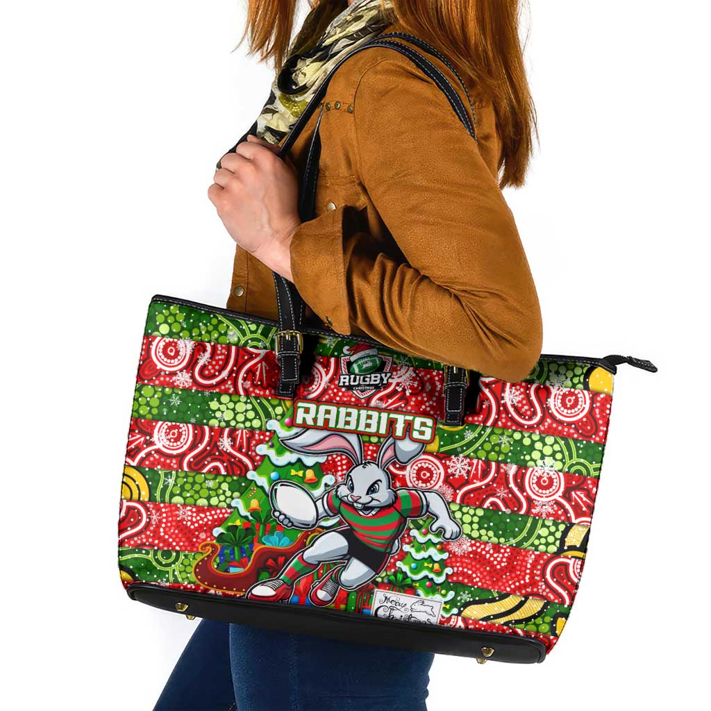 Rabbitohs Rugby Merry Christmas Leather Tote Bag Indigenous Australian Art