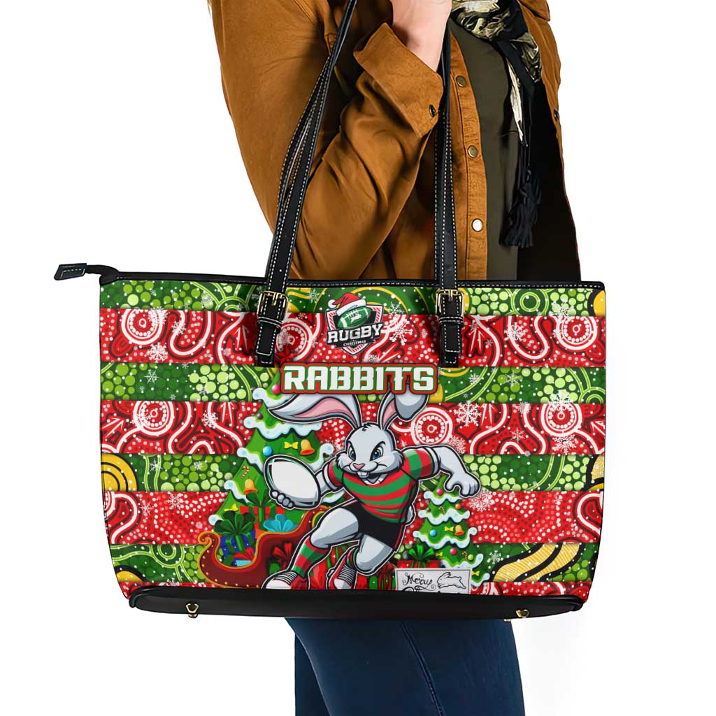 Rabbitohs Rugby Merry Christmas Leather Tote Bag Indigenous Australian Art