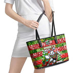 Rabbitohs Rugby Merry Christmas Leather Tote Bag Indigenous Australian Art