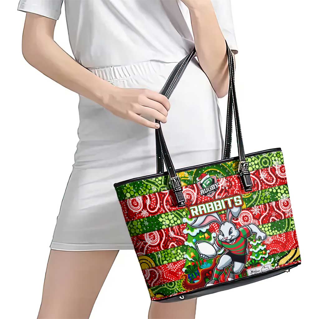 Rabbitohs Rugby Merry Christmas Leather Tote Bag Indigenous Australian Art