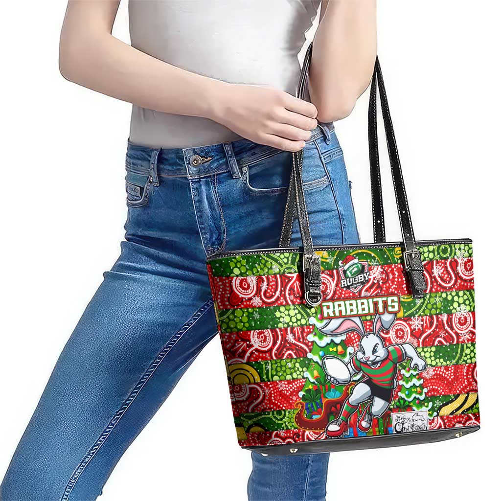 Rabbitohs Rugby Merry Christmas Leather Tote Bag Indigenous Australian Art