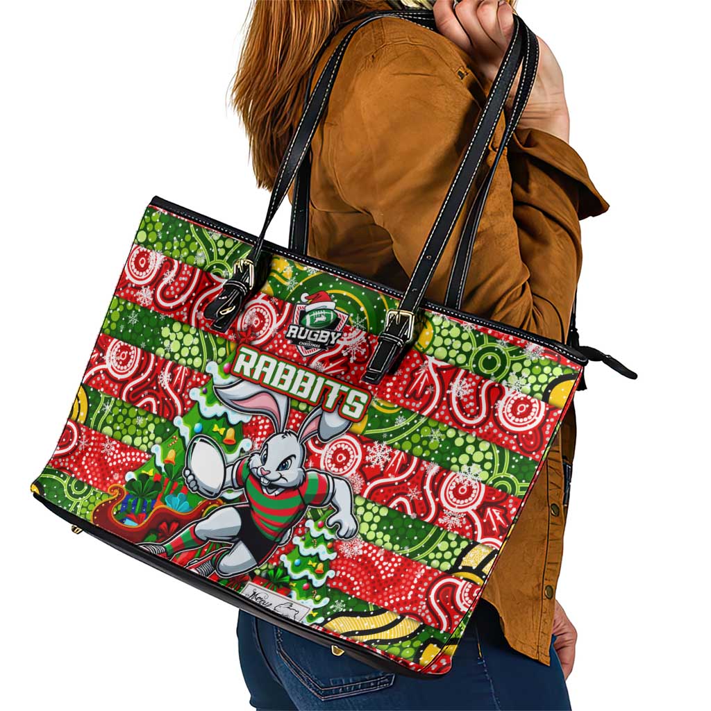 Rabbitohs Rugby Merry Christmas Leather Tote Bag Indigenous Australian Art