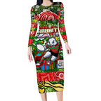 Custom Rabbitohs Rugby Merry Christmas Long Sleeve Bodycon Dress Indigenous Australian Art