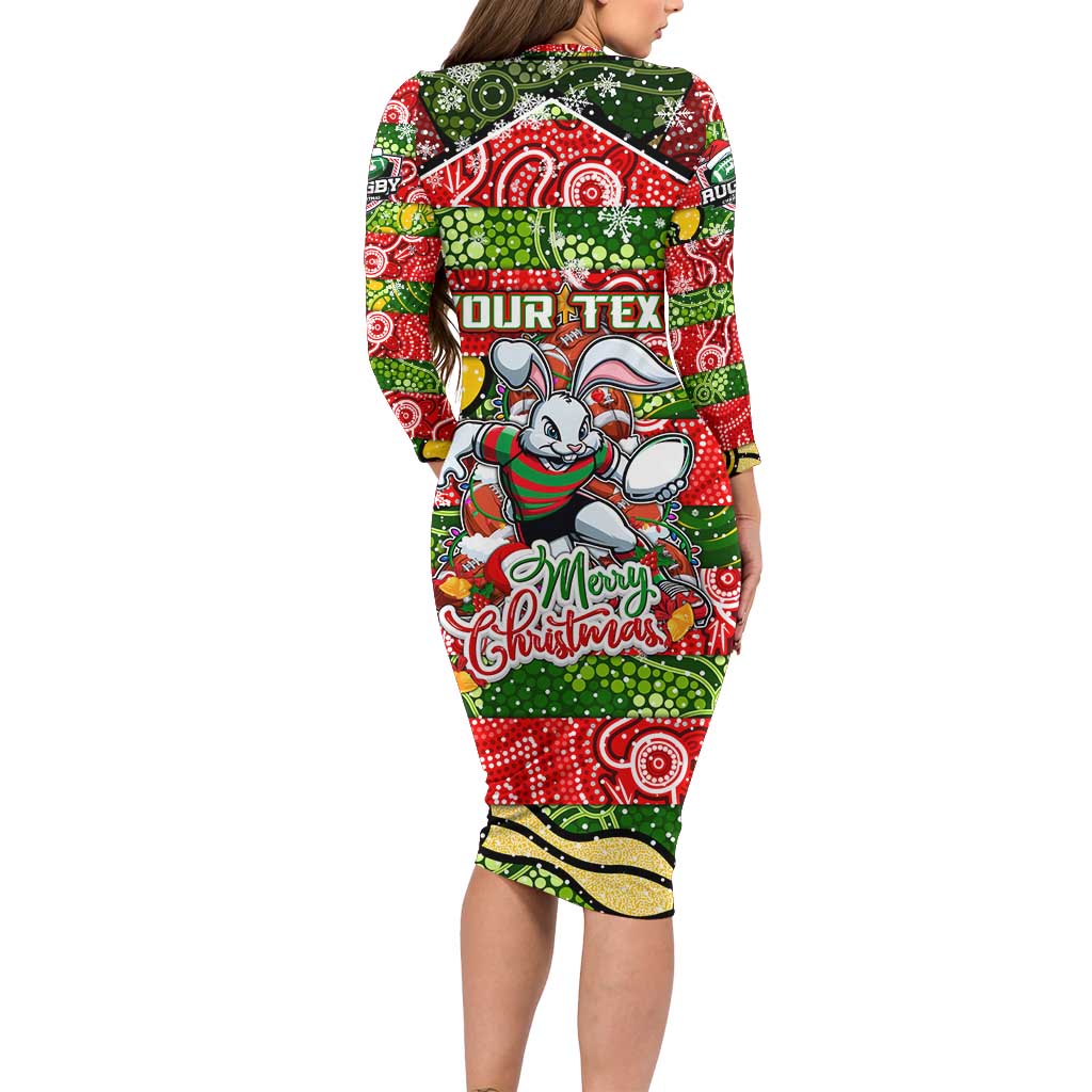 Custom Rabbitohs Rugby Merry Christmas Long Sleeve Bodycon Dress Indigenous Australian Art