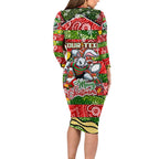 Custom Rabbitohs Rugby Merry Christmas Long Sleeve Bodycon Dress Indigenous Australian Art