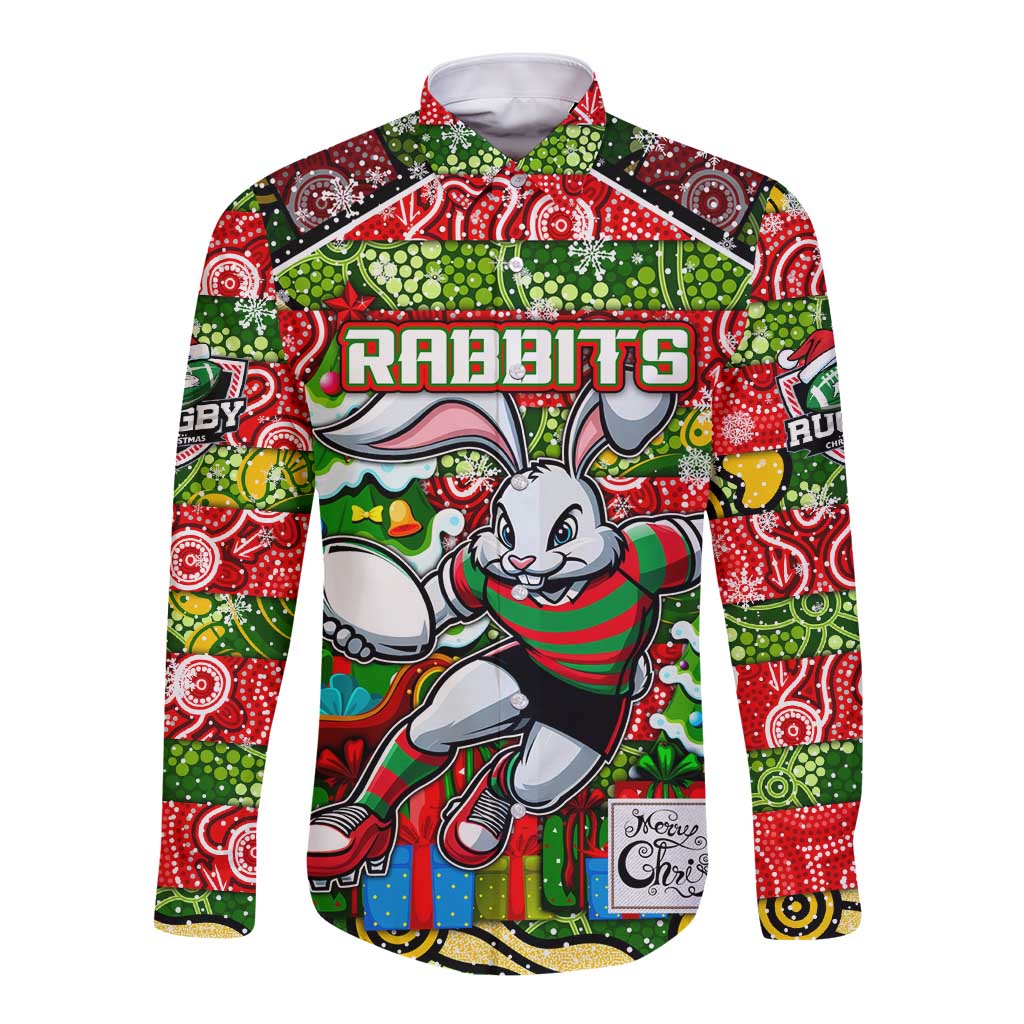 Custom Rabbitohs Rugby Merry Christmas Long Sleeve Button Shirt Indigenous Australian Art