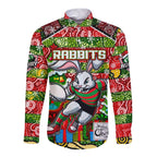 Custom Rabbitohs Rugby Merry Christmas Long Sleeve Button Shirt Indigenous Australian Art