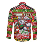 Custom Rabbitohs Rugby Merry Christmas Long Sleeve Button Shirt Indigenous Australian Art