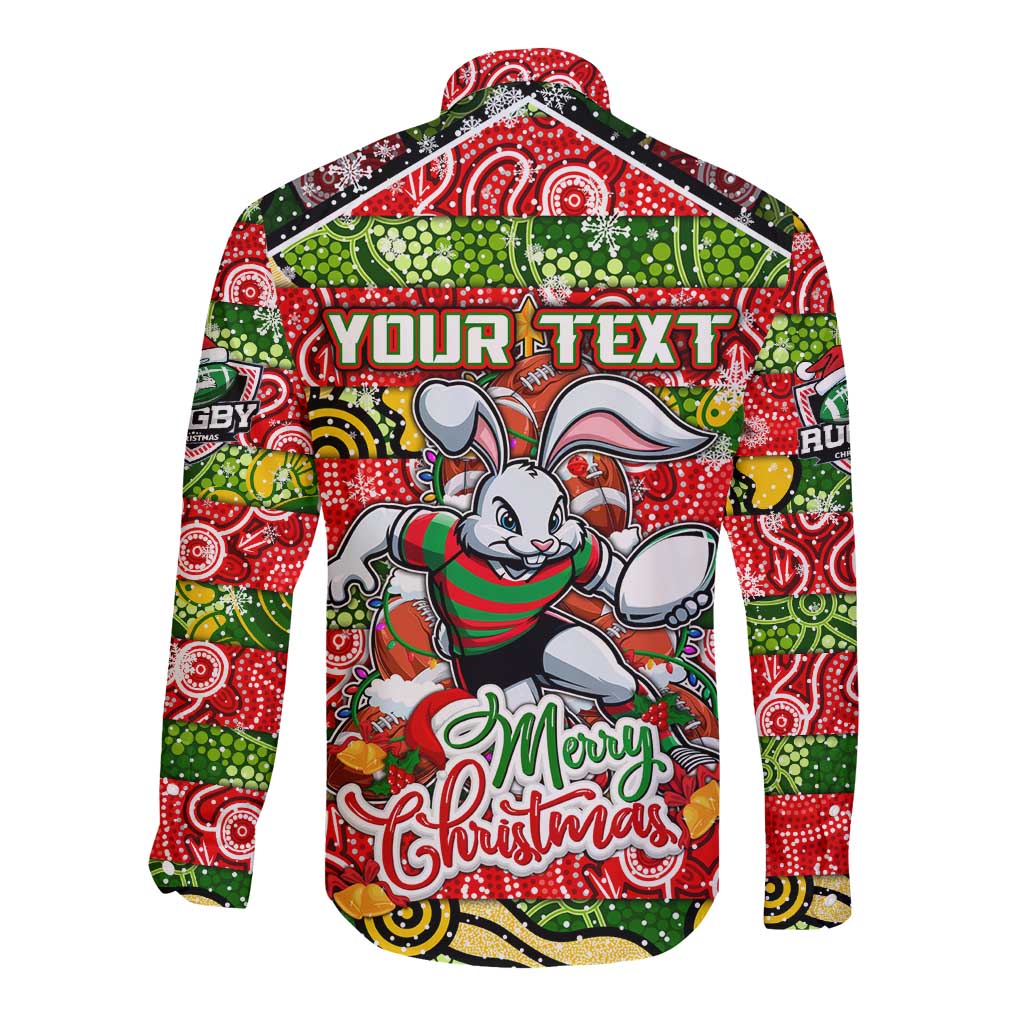 Custom Rabbitohs Rugby Merry Christmas Long Sleeve Button Shirt Indigenous Australian Art