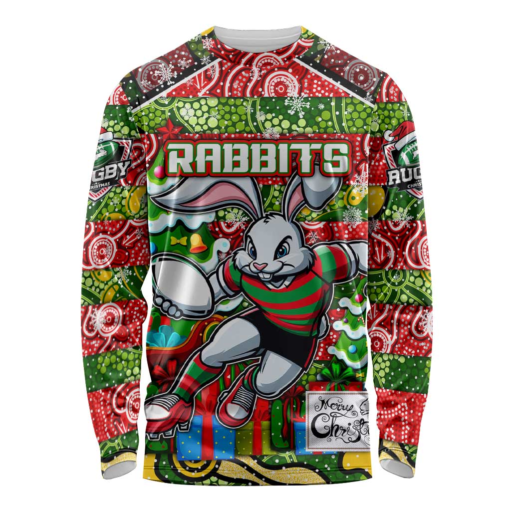 Custom Rabbitohs Rugby Merry Christmas Long Sleeve Shirt Indigenous Australian Art