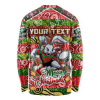 Custom Rabbitohs Rugby Merry Christmas Long Sleeve Shirt Indigenous Australian Art