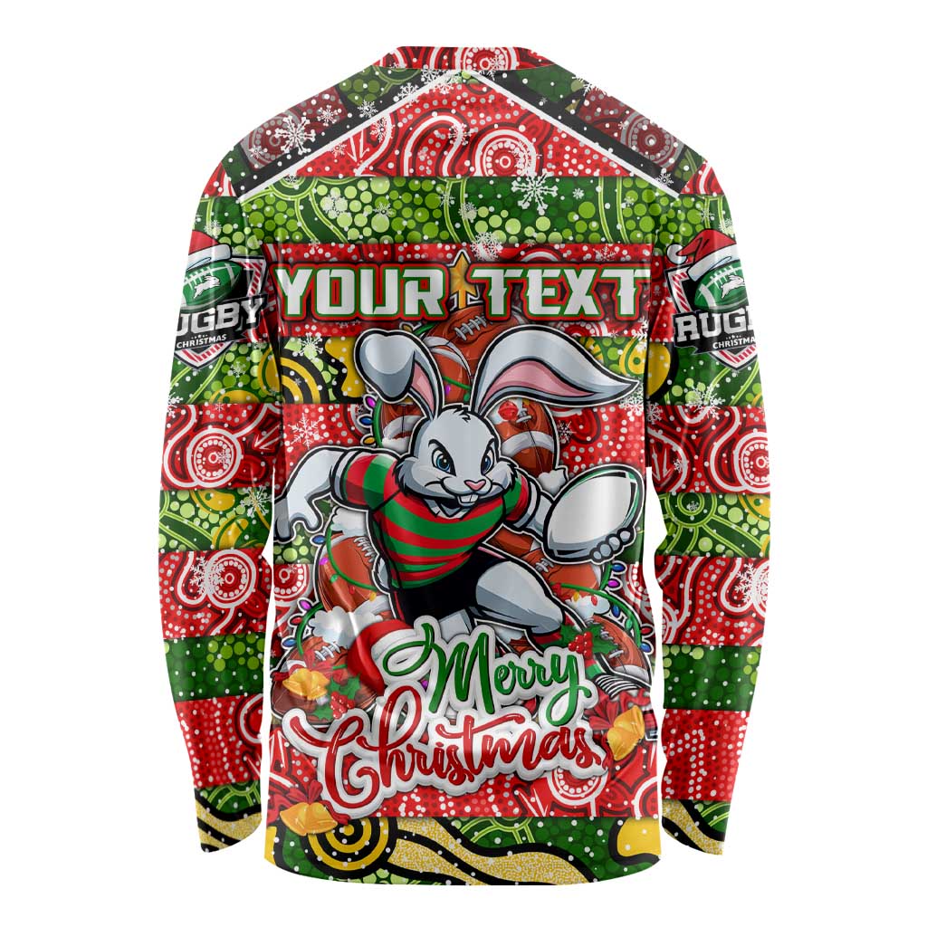 Custom Rabbitohs Rugby Merry Christmas Long Sleeve Shirt Indigenous Australian Art