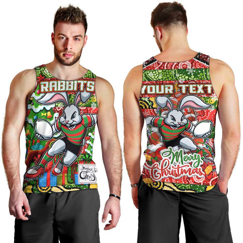 Custom Rabbitohs Rugby Merry Christmas Men Tank Top Indigenous Australian Art