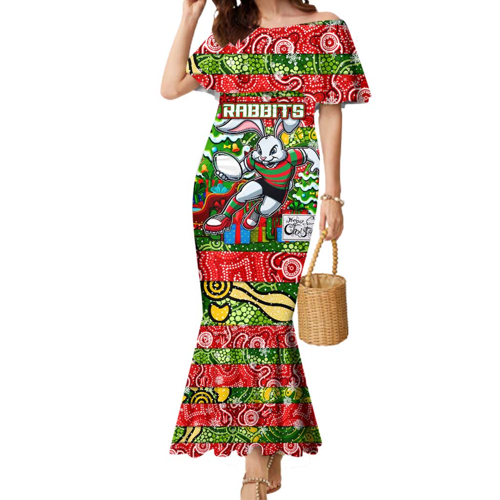 Custom Rabbitohs Rugby Merry Christmas Mermaid Dress Indigenous Australian Art