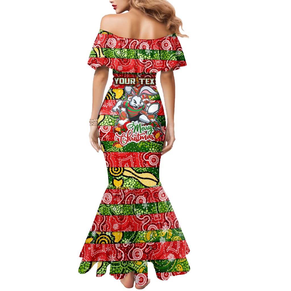 Custom Rabbitohs Rugby Merry Christmas Mermaid Dress Indigenous Australian Art