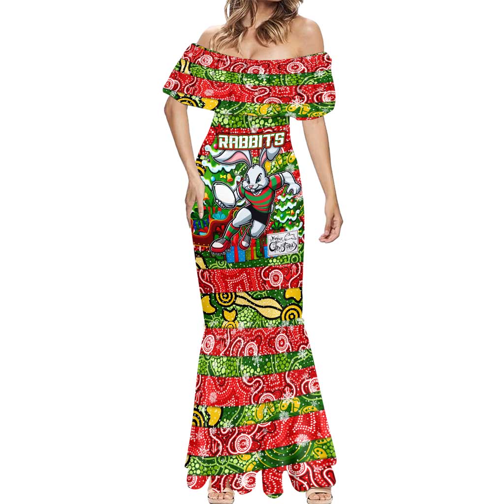 Custom Rabbitohs Rugby Merry Christmas Mermaid Dress Indigenous Australian Art
