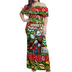 Custom Rabbitohs Rugby Merry Christmas Off Shoulder Maxi Dress Indigenous Australian Art