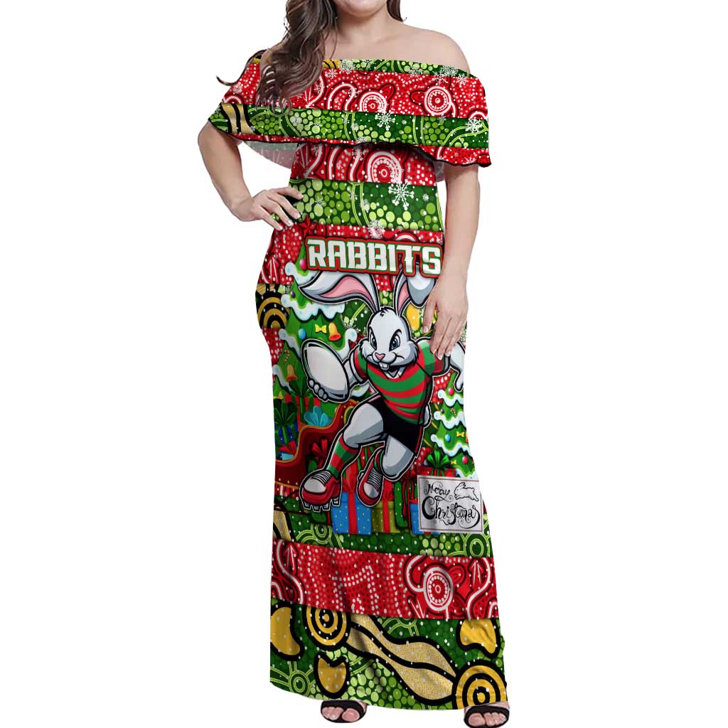 Custom Rabbitohs Rugby Merry Christmas Off Shoulder Maxi Dress Indigenous Australian Art