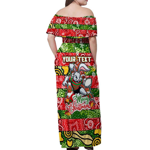 Custom Rabbitohs Rugby Merry Christmas Off Shoulder Maxi Dress Indigenous Australian Art