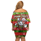 Custom Rabbitohs Rugby Merry Christmas Off Shoulder Short Dress Indigenous Australian Art