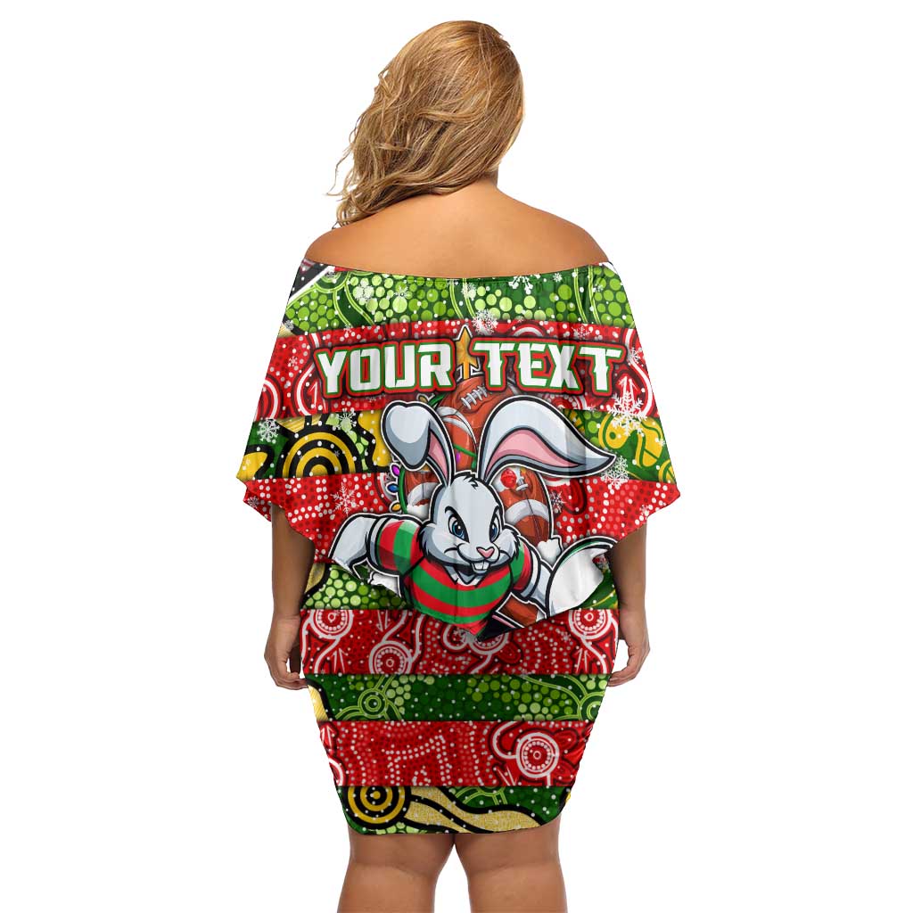 Custom Rabbitohs Rugby Merry Christmas Off Shoulder Short Dress Indigenous Australian Art