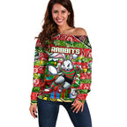 Custom Rabbitohs Rugby Merry Christmas Off Shoulder Sweater Indigenous Australian Art
