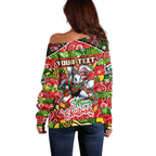 Custom Rabbitohs Rugby Merry Christmas Off Shoulder Sweater Indigenous Australian Art