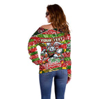 Custom Rabbitohs Rugby Merry Christmas Off Shoulder Sweater Indigenous Australian Art