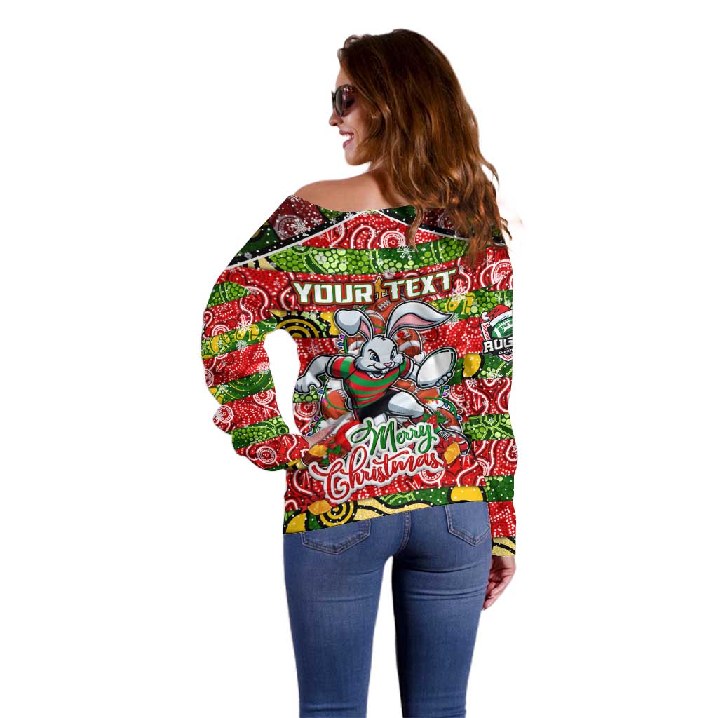 Custom Rabbitohs Rugby Merry Christmas Off Shoulder Sweater Indigenous Australian Art