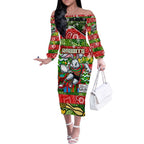 Custom Rabbitohs Rugby Merry Christmas Off The Shoulder Long Sleeve Dress Indigenous Australian Art