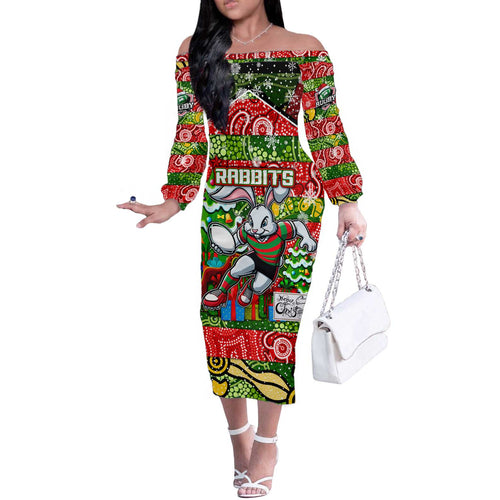Custom Rabbitohs Rugby Merry Christmas Off The Shoulder Long Sleeve Dress Indigenous Australian Art