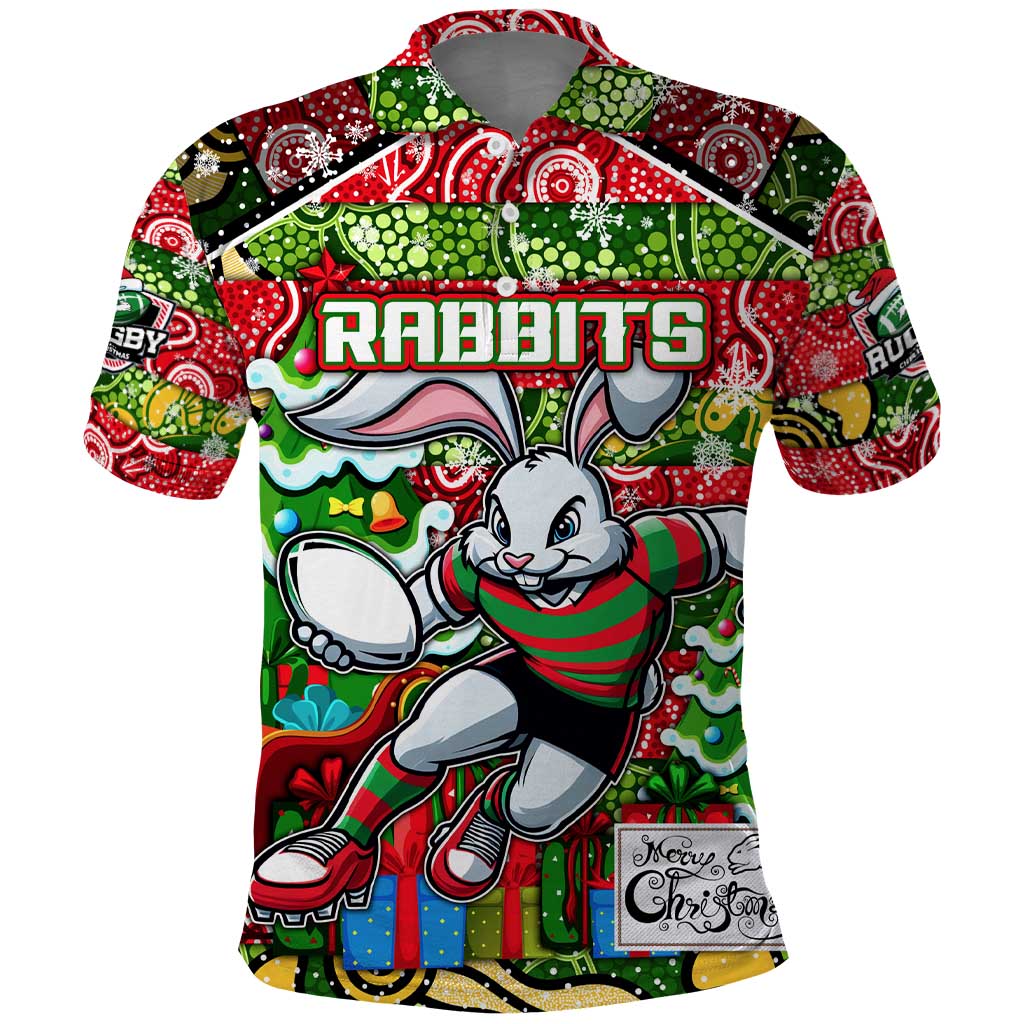 Custom Rabbitohs Rugby Merry Christmas Polo Shirt Indigenous Australian Art