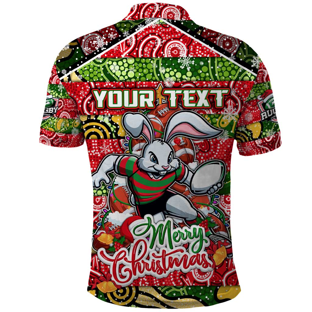 Custom Rabbitohs Rugby Merry Christmas Polo Shirt Indigenous Australian Art