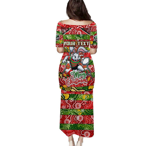 Custom Rabbitohs Rugby Merry Christmas Puletasi Indigenous Australian Art