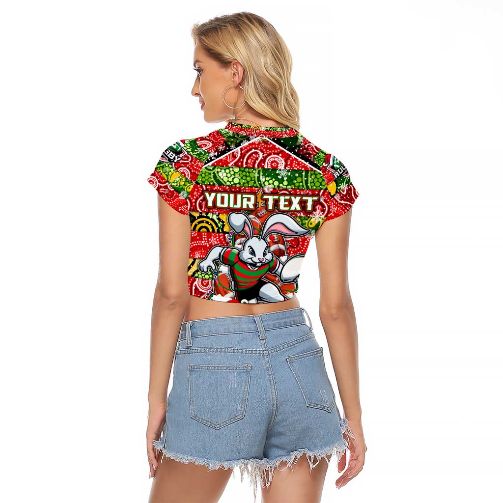 Custom Rabbitohs Rugby Merry Christmas Raglan Cropped T Shirt Indigenous Australian Art