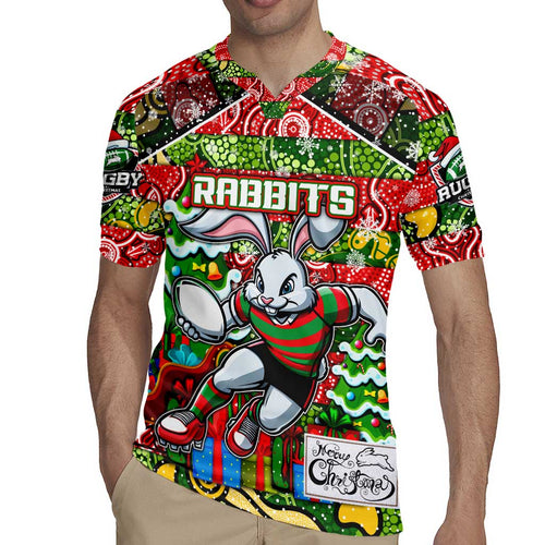 Custom Rabbitohs Rugby Merry Christmas Rugby Jersey Indigenous Australian Art