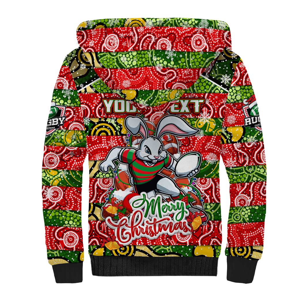 Custom Rabbitohs Rugby Merry Christmas Sherpa Hoodie Indigenous Australian Art