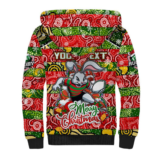 Custom Rabbitohs Rugby Merry Christmas Sherpa Hoodie Indigenous Australian Art