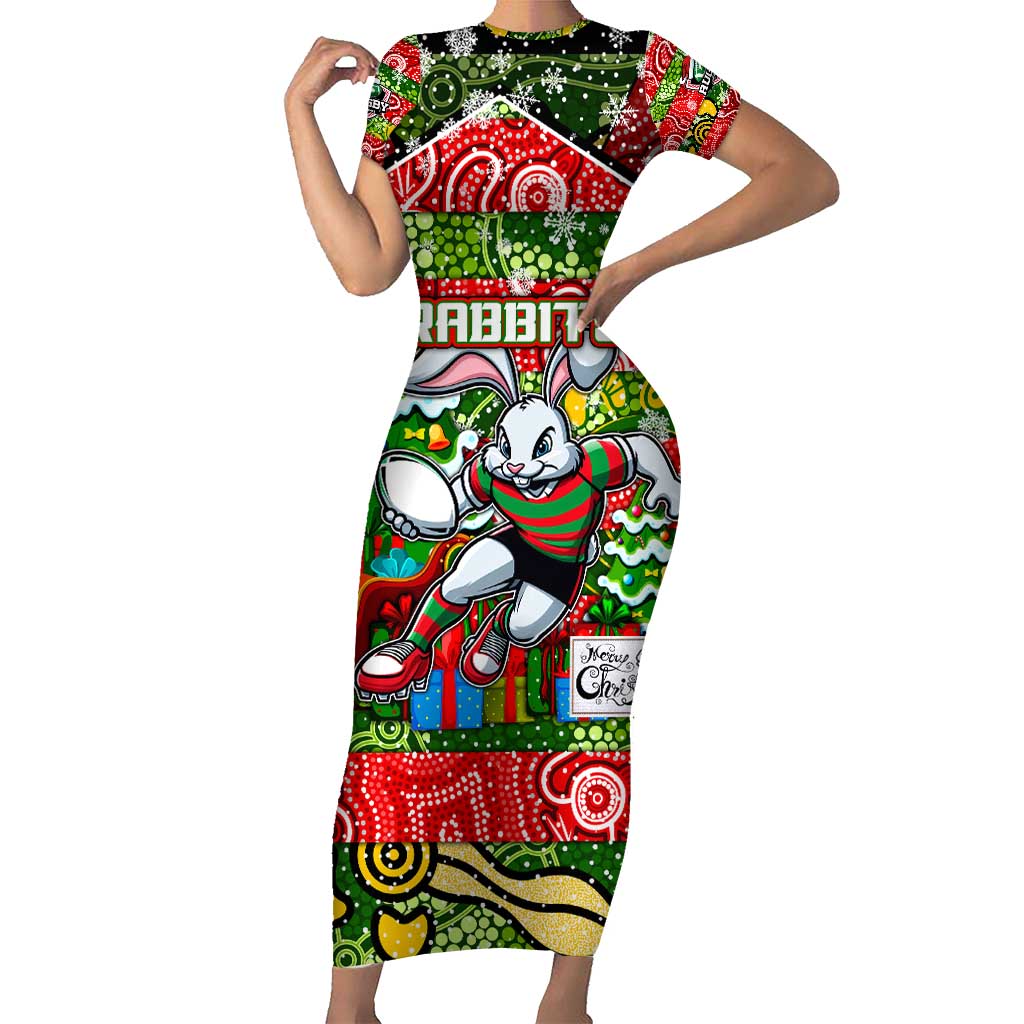 Custom Rabbitohs Rugby Merry Christmas Short Sleeve Bodycon Dress Indigenous Australian Art
