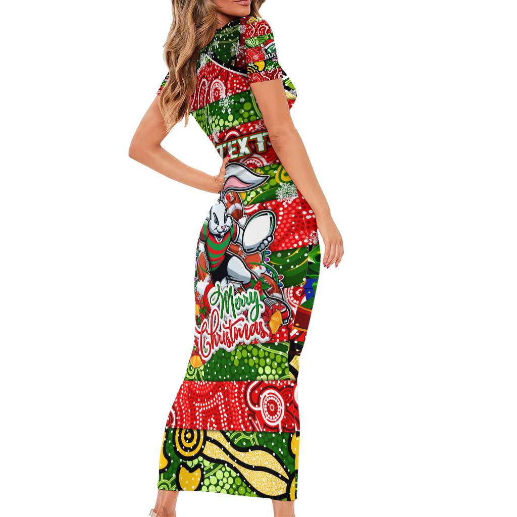 Custom Rabbitohs Rugby Merry Christmas Short Sleeve Bodycon Dress Indigenous Australian Art