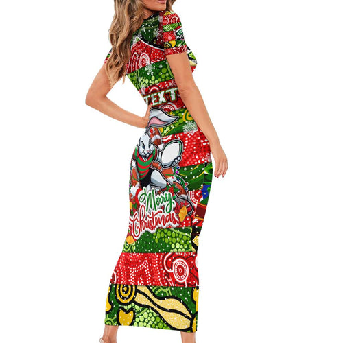 Custom Rabbitohs Rugby Merry Christmas Short Sleeve Bodycon Dress Indigenous Australian Art