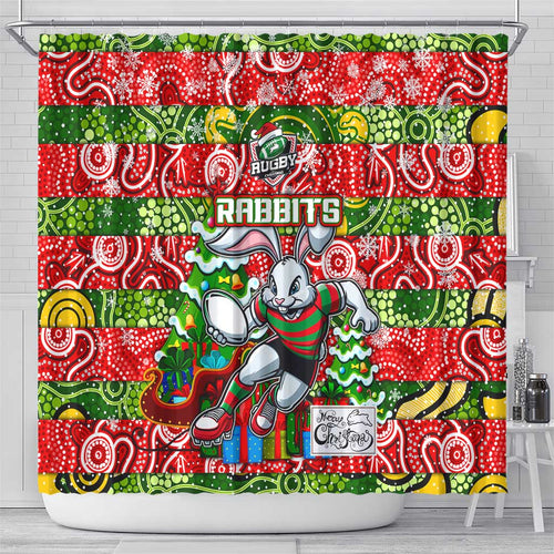 Rabbitohs Rugby Merry Christmas Shower Curtain Indigenous Australian Art