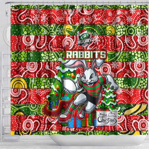 Rabbitohs Rugby Merry Christmas Shower Curtain Indigenous Australian Art